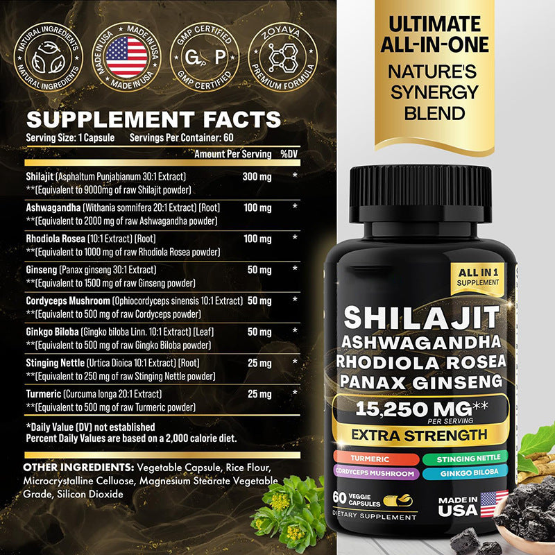 Shilajit Pure Himalayan 9000MG, Energy Booster Ashwagandha 2000MG, Rhodiola Rosea 999MG, Panax Ginseng 1500MG, Turmeric 500MG, Ginkgo Biloba 500MG, Stinging Nettle 250MG Cordyceps Mushroom 500